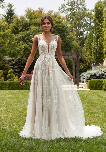 Elegant A-line Illusion Lace Wedding Gown with Beaded Botanical Embroidered Appliqués